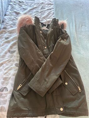 Guess Olive Green Parka with Pink Faux Fur Trim